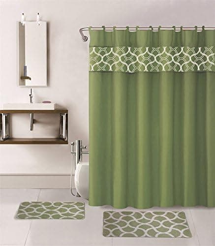 Gorgeous Home 15PC SAGE Green Geometric Design Bathroom Bath MATS Set Rug Carpet Shower Curtain Hooks Non-Slip
