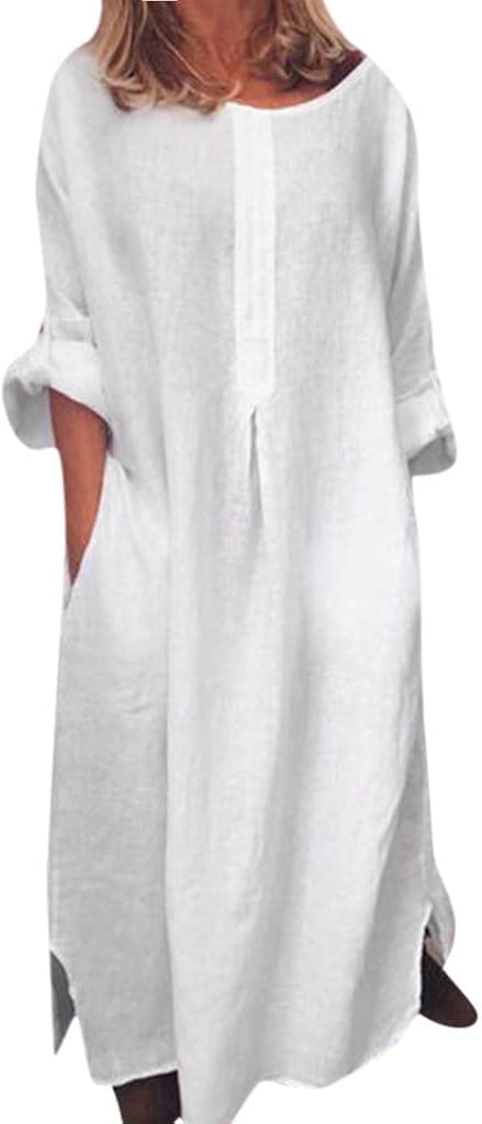 Women Linen Dresses 3/4 Sleeve Side Split Solid Loose Fit Maxi Long Dress with Pockets