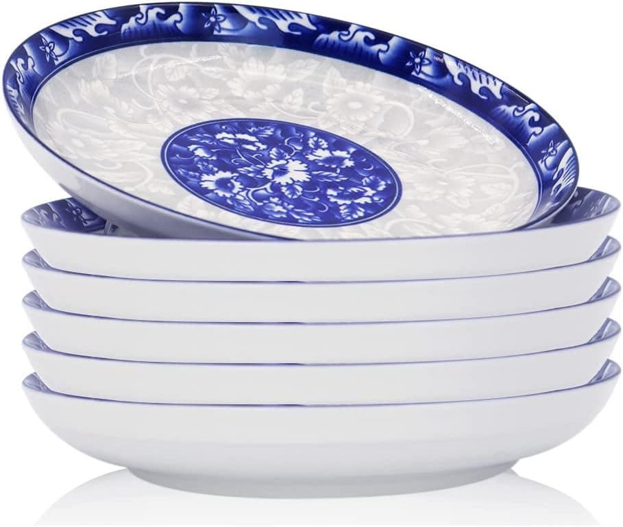 Cinatao 7 Inch Porcelain Salad Pasta Bowls - Blue and White 20 Ounce (Set of 6)