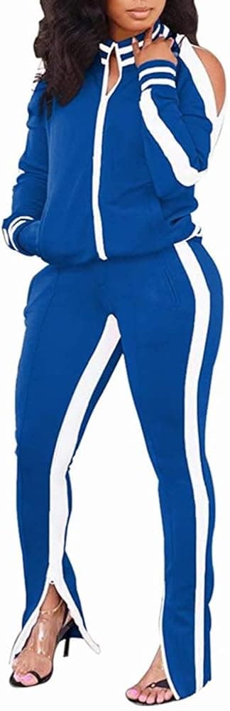 2 Piece Striped Outfits Tracksuit - Cold Shoulder Color Block Sweatshirt Jacket and Long Split Sweatpants Bodycon Jogging Suit Blue L