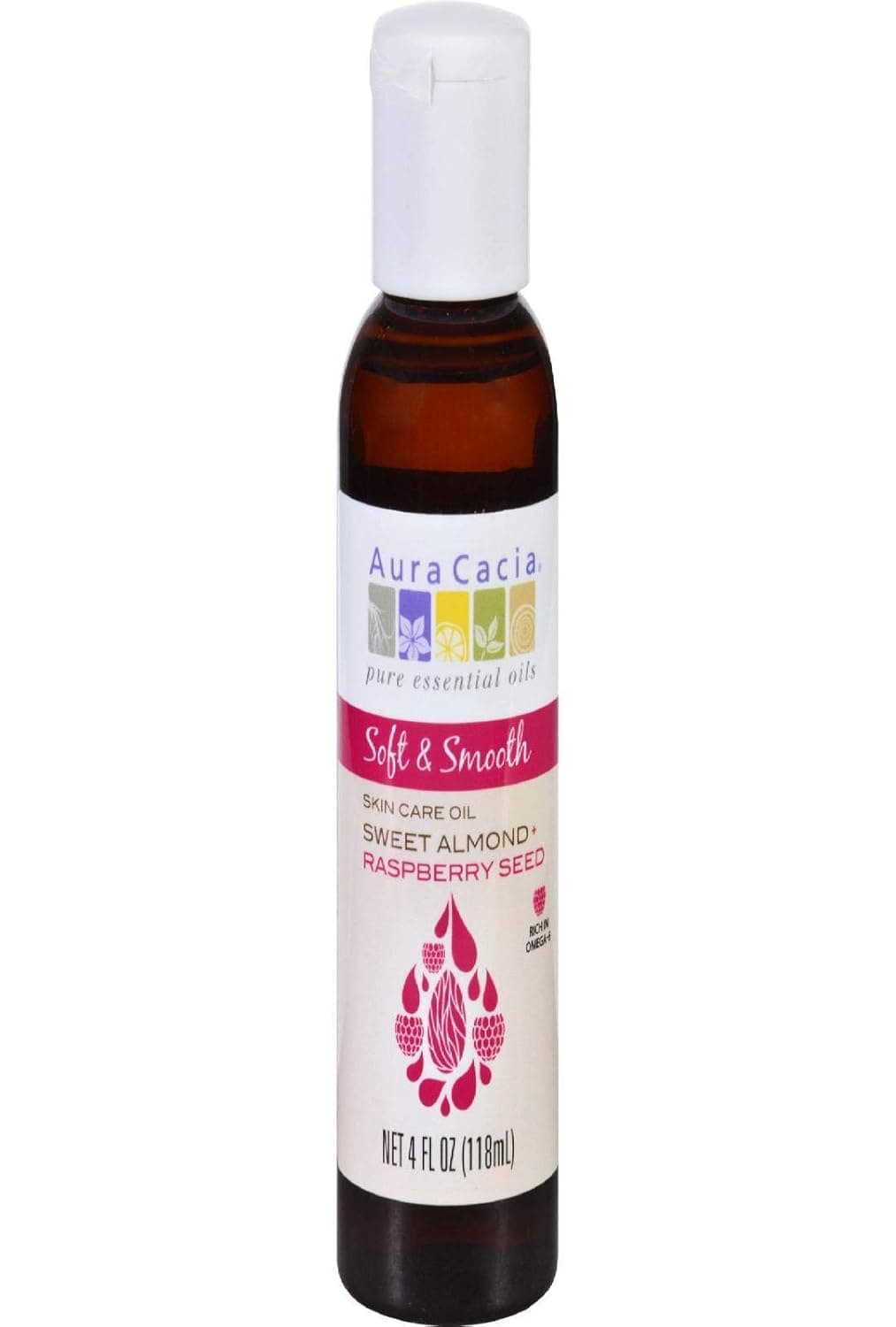 Aura Cacia Skin Care Oil Soft and Smooth Sweet Almond Plus Raspberry Seed, 4 Ounce