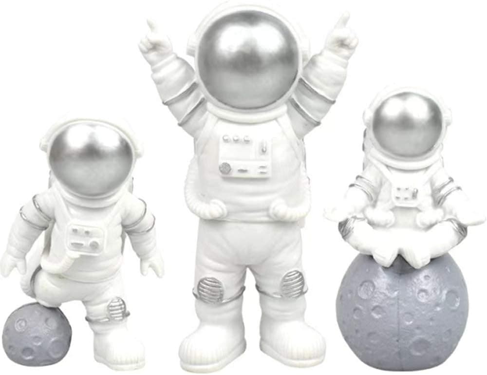 3pcs Astronaut Desktop Ornaments Resin Spaceman Figure Toy Cake Topper Tabletop Ornament for Kids Party Gift Decor-Silver