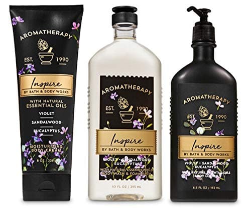Bath and Body Works Aromatherapy INSPIRE - VIOLET SANDALWOOD EUCALYPTUS - Trio Gift Set - Body Lotion 6.5 oz, Shower Gel Foam Bath 10 oz and Body Cream 8 oz