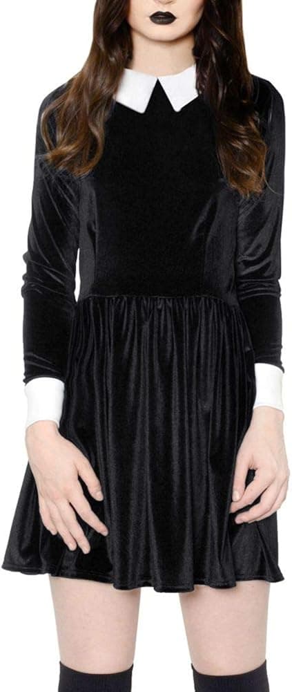 Spadehill Halloween Mini Dress Women A-Line Long Sleeve Pleated Velvet Flare Wednesday Addams Costumes Black 2XL
