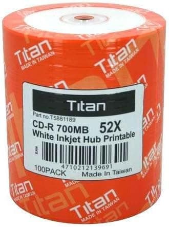Titan Duplication Grade White Inkjet Metalized Hub Printable 52X CD-R Media 700MB 100 Pack in Plastic Wrap (T5881189)
