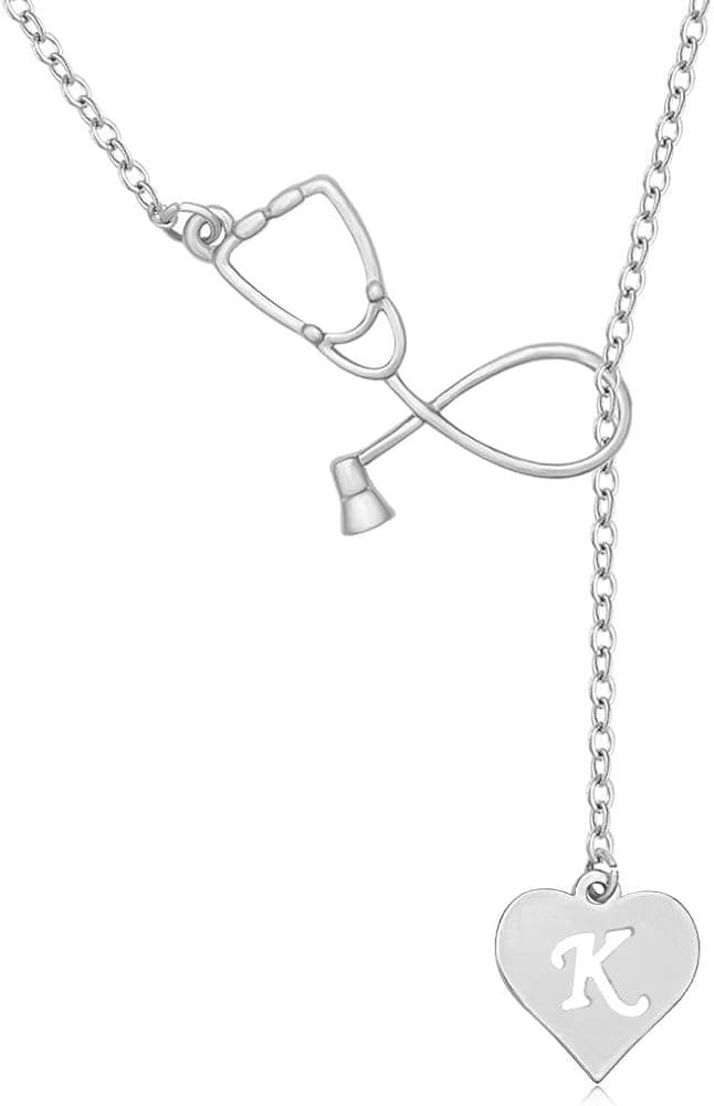 MANZHEN Rhodium Plated Medicine Stethoscope Heart Initial Alphabet Letter Necklace for Doctor Nurse
