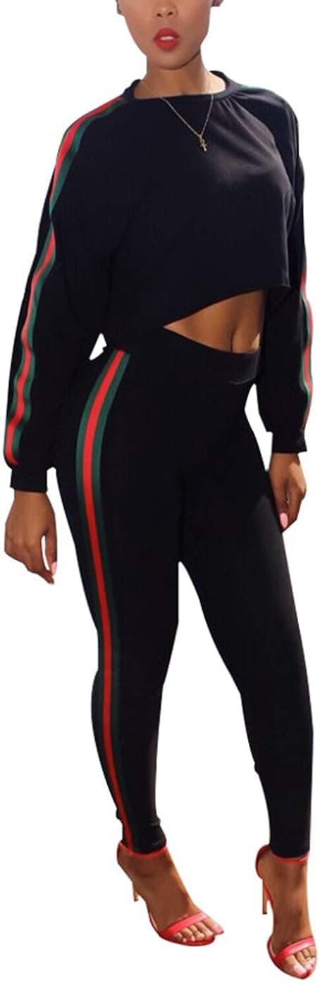 M.Brock Women Casual 2 Pieces outfits Long Sleeve Crop Top and Skinny Pant Tracksuits Sweatsuit Set Bodycon Jumpsuit, Black, Large