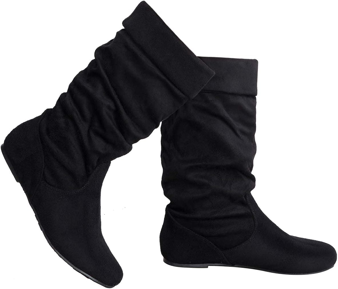 Olivia K Womens Low Heel Mid-Calf Slouchy Fold Over Suede Slip On Casual Boots