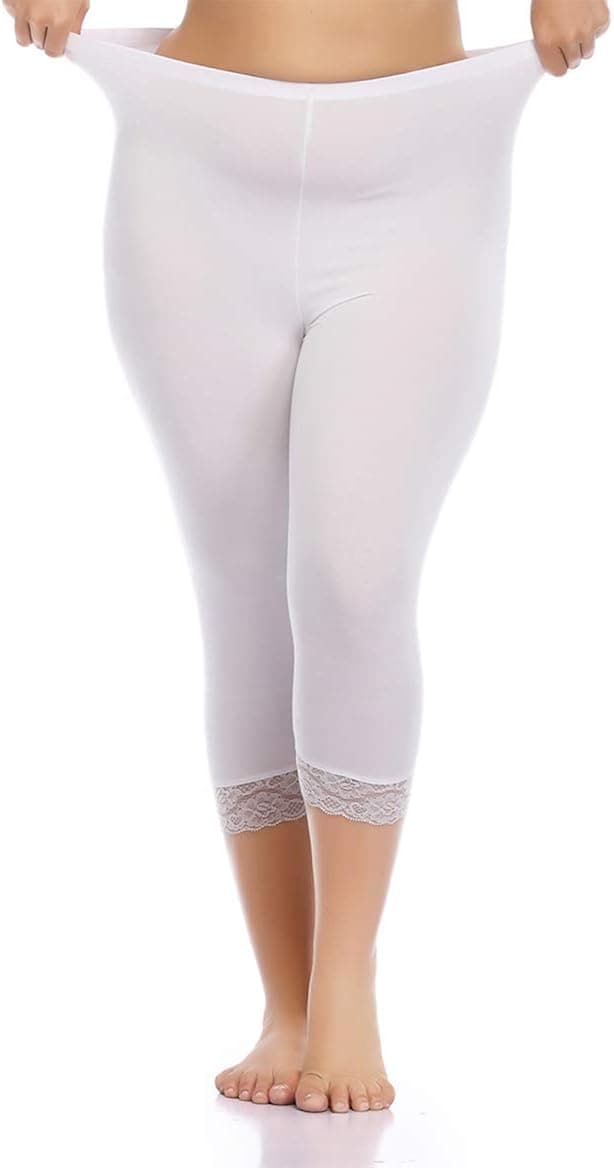 Womens Plus Size Capri Leggings Lace Trim Stretch Solid Cropped Tights Pants