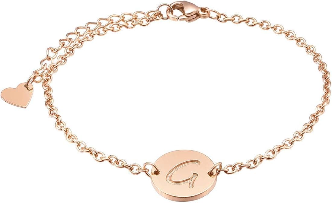 Three Keys Jewelry G Promise Tiny Simple Alphabet Circle Disc Name Dainty Rose Gold Heart Coin Initial Stainless Steel Heart Pendant Bracelet Charms for Women
