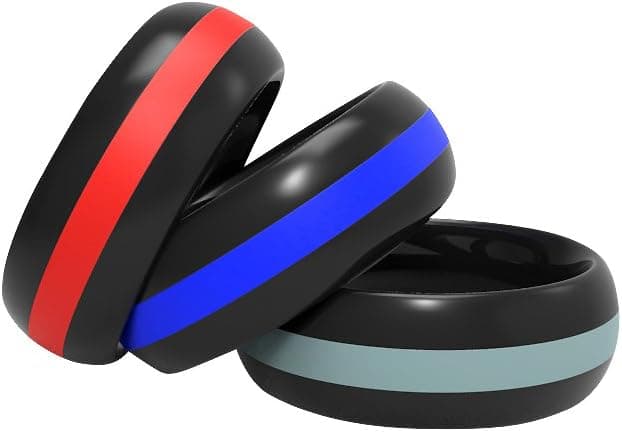 3 Pack – Middle Line Silicone Wedding Band - Silicone Wedding Ring – Black with Blue, Grey, Red