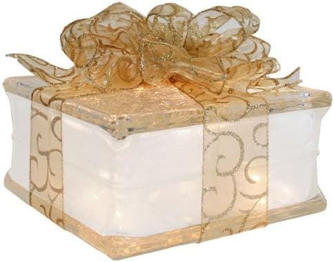 Lighted Glass Block with 4" White Border - Sheer Gold Ribbon
