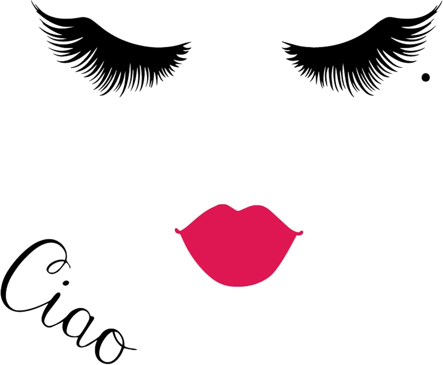 Wall Sticker Eyelashes Red Lips Ciao for Beauty Salon Makeup Shop Window Decals Vinyl Home Decor Mirror Murals (31.5" x 25.6")