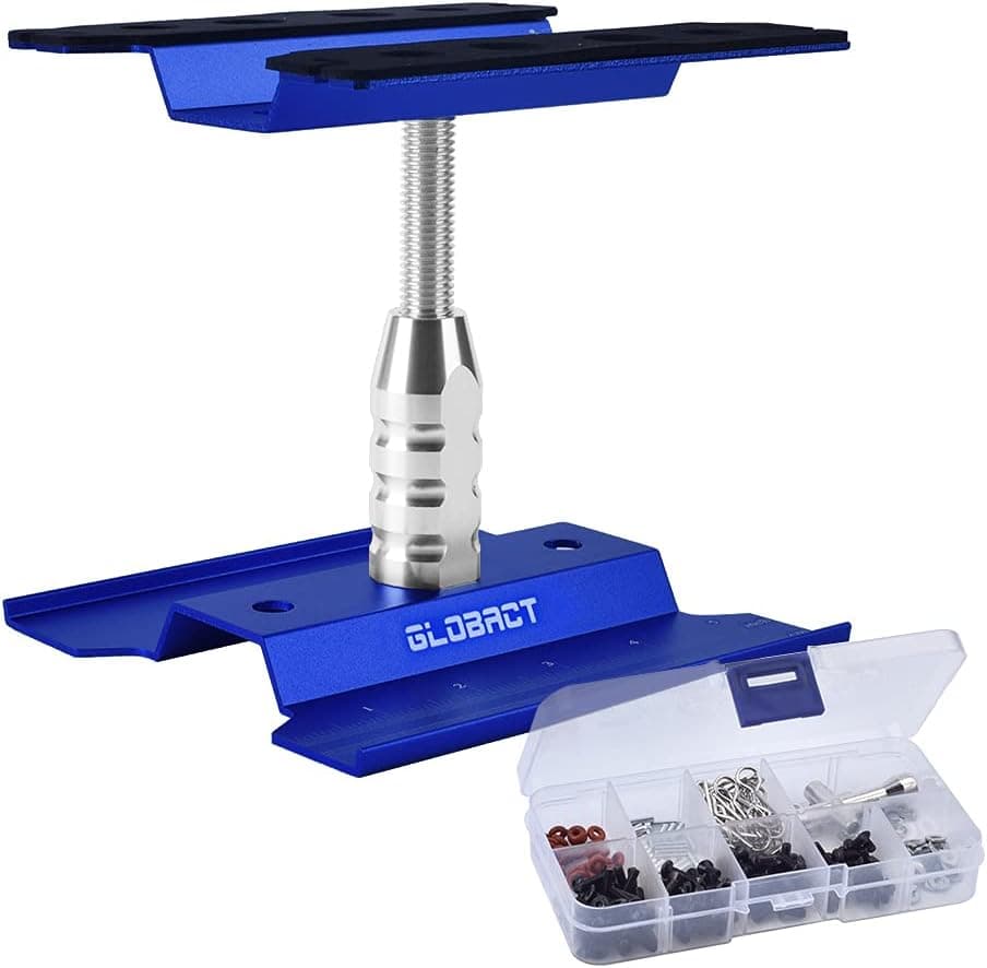 Globact Aluminum Alloy RC Car Repair Work Stand Hobby Tool Set 360 Degree Rotation Lift Or Lower and 270PCS RC Screws Kit Repair Tool Box for 1/8 1/10 1/12 1/16 1/18 RC Car Truck Buggy(Blue)