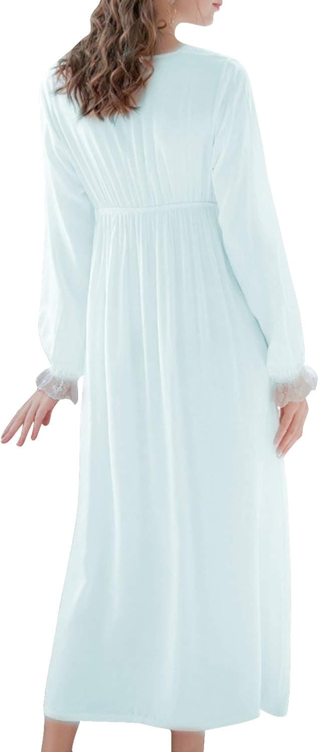 ASHER FASHION Women's Vintage Victorian Nightgown Long Sleeve Lace V Neck Sleepwear Cotton Pajamas Nightwear Lounge Dress