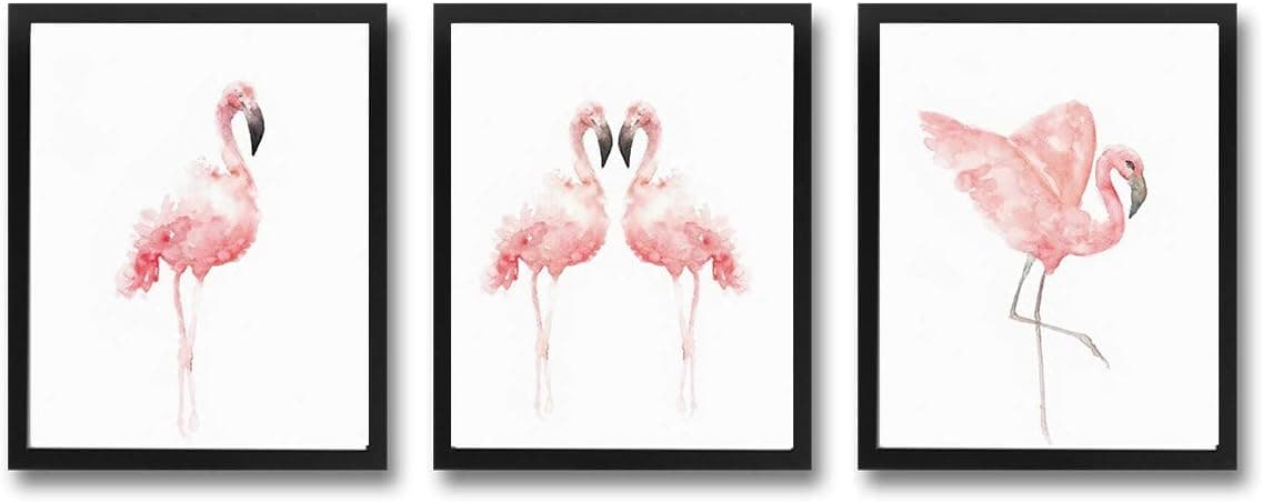 HPNIUB Black Framed Pink Flamingos Love Art Print Set of 3 (10”X8”)-Ready to Hang Tropical Bird Animal Wall Poster, Modern Watercolor Canvas Artwork for Girls Nursery Couples Bedroom