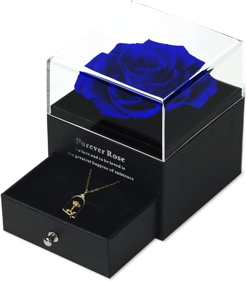 Handsam Preserved Bule Rose with 18K Gold-Filled Rose Necklace Gift for Her on Birthday Valentine's Day Mother's Day Anniversary Christmas