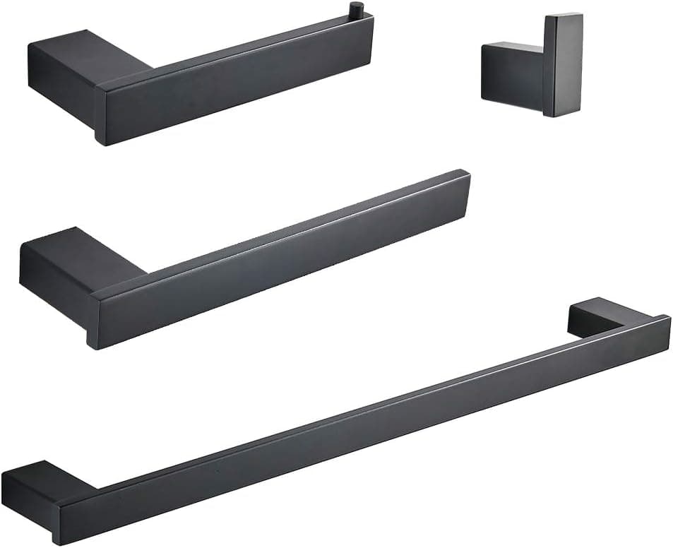 4-Piece Bathroom Hardware Set,Towel Bar Accessory Set Towel Hook Toilet Paper Holder Towel Ring Stainless Steel Wall Mounted, Black Painted