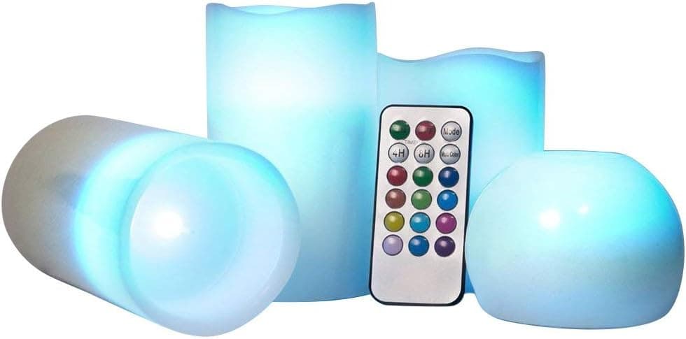 LED Color Changing Flameless Candle Lights-Glamouric Holiday Decoration Light Flickering Real Wax 18 Key Remote Control with Timer Battery Operated 12 Colors Christmas Halloween Set of 4