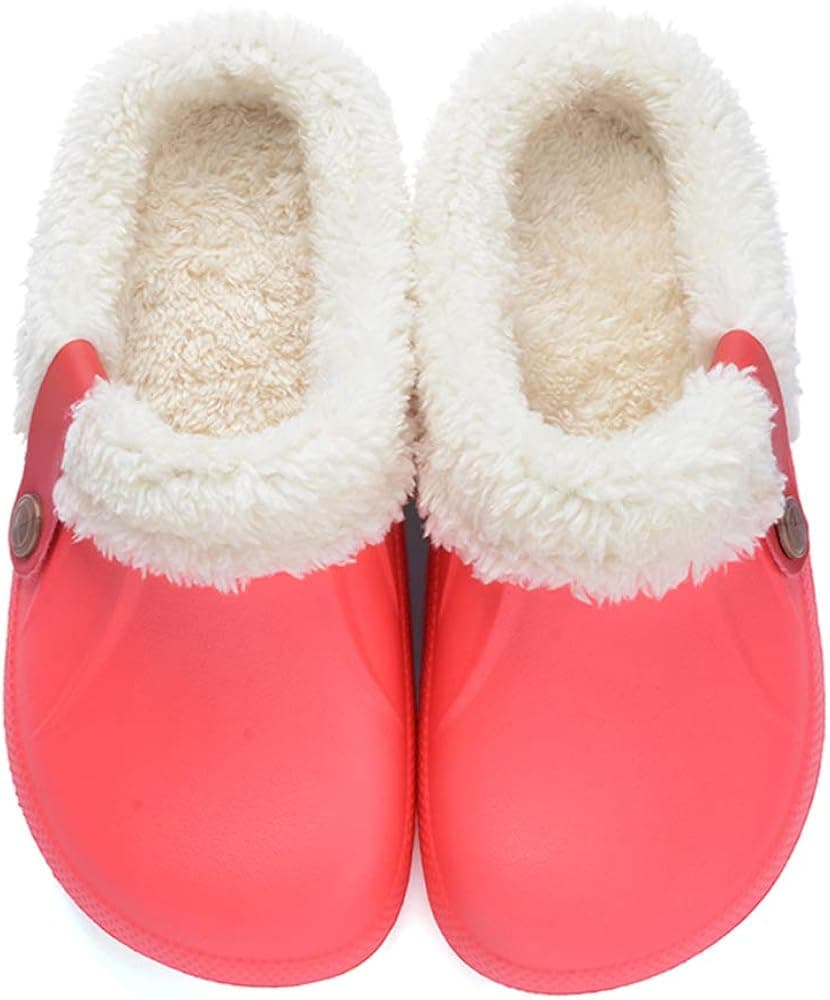 Aconhop Women Men's Fur Lined Clogs Fuzzy Waterproof Slippers Fleece Fluffy Winter Clogs Plush Warm Slides Outdoor Garden Shoes Red 39-40