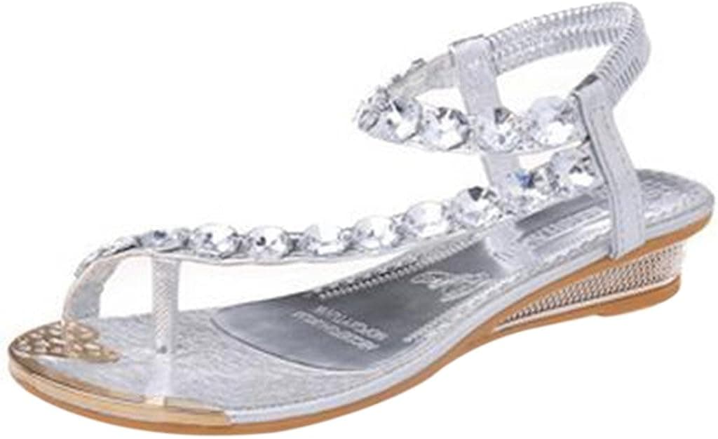 HighFS Women's Gladiator Flat Sandals Beach Wedding Pearls Rhinestone Thong Shoes