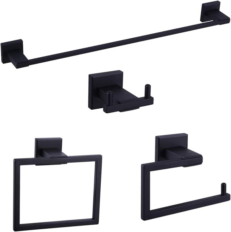 BEIGEEWY Bathroom 4-Piece Accessory Set Matte Black SUS 304 Stainless Steel Towel Bar Toilet Paper Holder Towel Ring Robe Hook Wall Mount