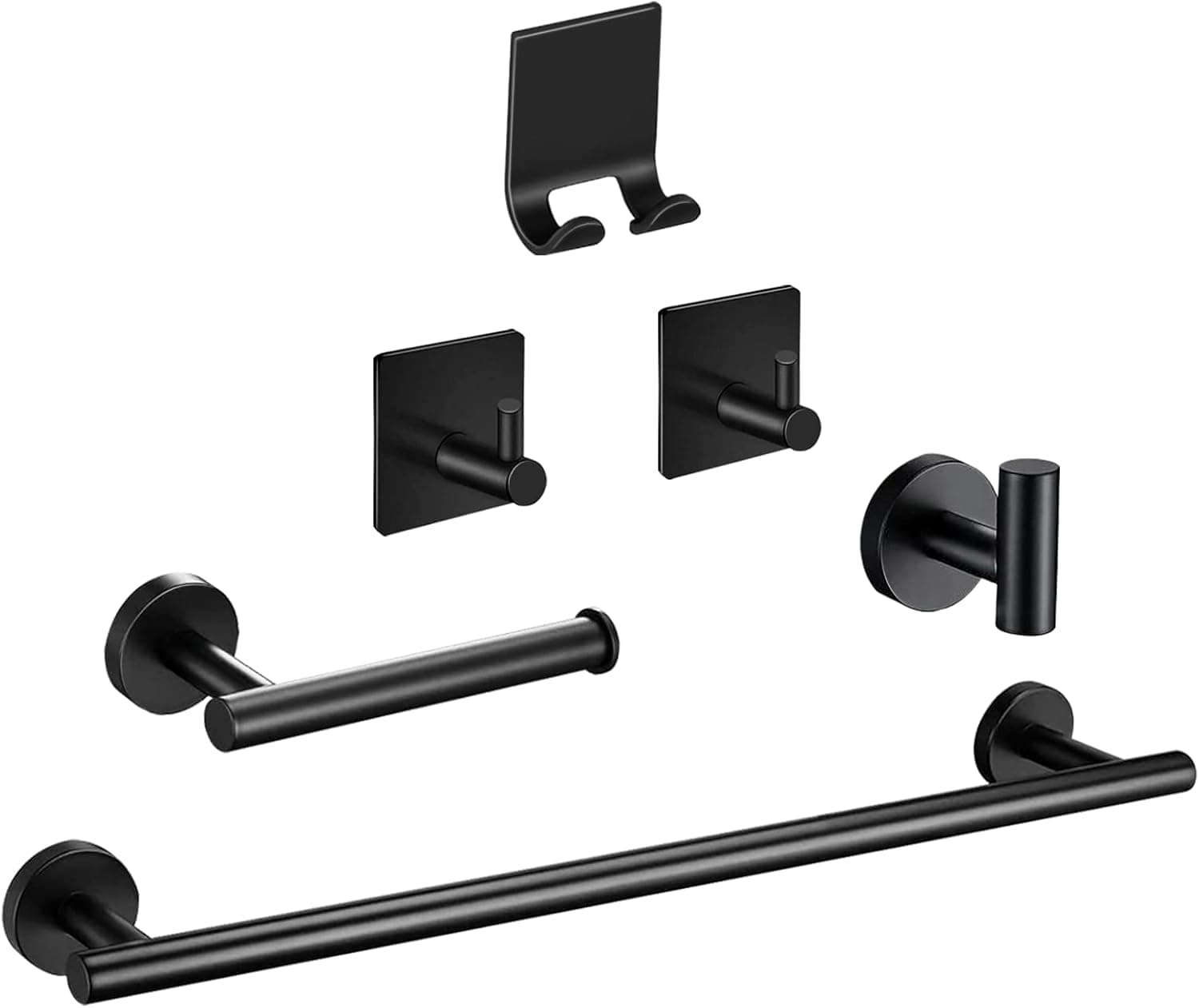 VOLPONE Bathroom Hardware Set 6 PCS Bathroom Towel Rack Set Included 16" Matte Black Towel Bar Toilet Paper Holder 4 Towel Hooks Bathroom Accessory Set