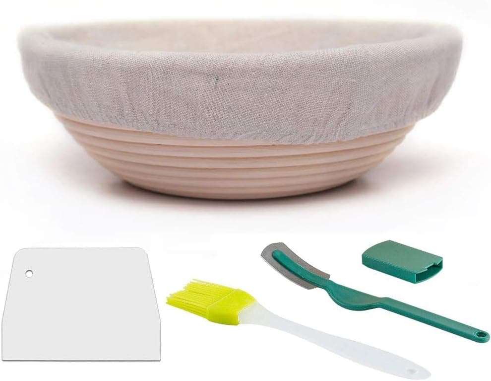 9inch Round Banneton Bread Proofing Basket-Natural Rattan Bread Basket-Brotform for Bread-Sour Dough Scrapper-Liner Cloth-Brush and Bread Lame for Home Bakers