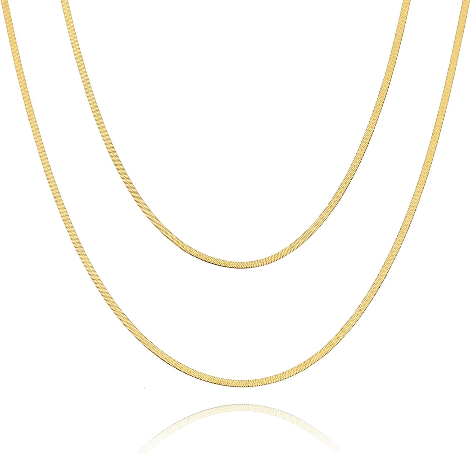 Herringbone Necklace for Women, Gold Snake Chain Necklace, Double Layered Choker Necklaces for Women Girls, 18K Gold plated, 2-7MM(Width), 2Pcs(18”& 21”)