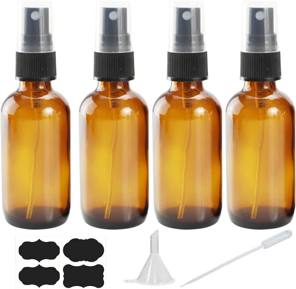 YUNFOOK 4 oz Amber Glass Spray Bottles for Essential Oils, Small Empty Fine Mist Spray Bottle,4 Pack with Funnel Dropper