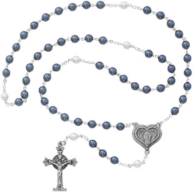 Our Lady of Lourdes Rosary 7mm Blue and Pearl Beads With Lourdes Holy Water Centerpiece Deluxe Gift Boxed