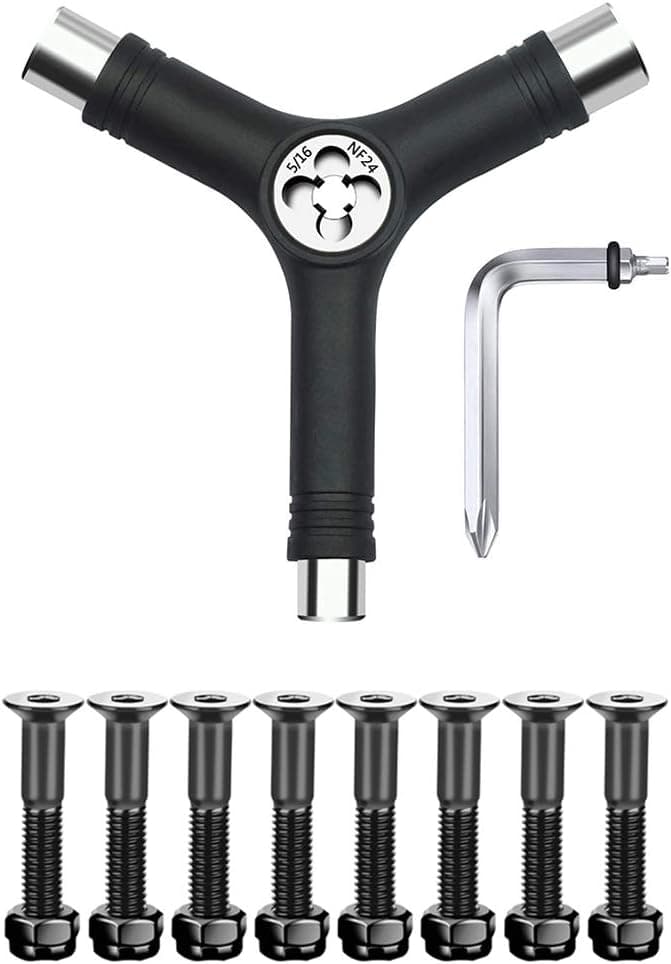 BESIY 1-Inch Skateboard Mounting Hardware 8PCS & All in One Skate Tool, Y Tool for Skateboard