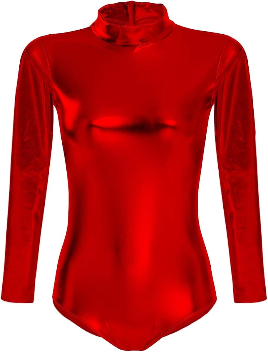 IBAKOM Gymnastics Leotards for Women Long Sleeve Competition Shiny One Piece High Cut Work Out Bodysuit Dancewear Costumes