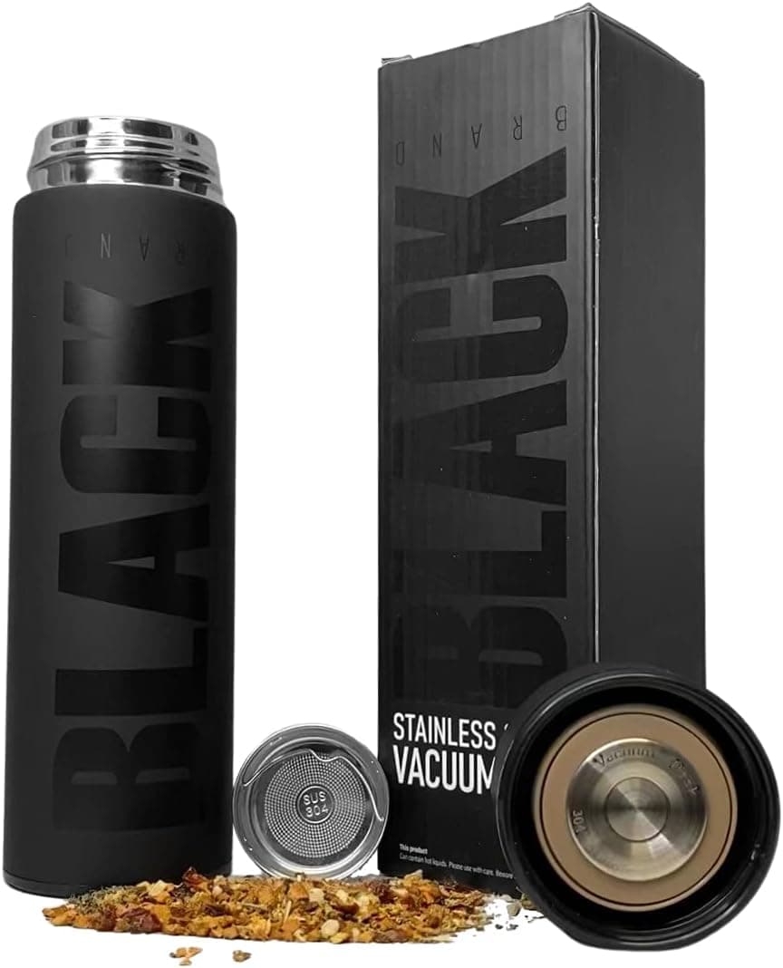 Black Brand, Vacuum Insulated 16oz - Stainless Steel, Reusable Travel Thermos - BPA Free, Leak Proof, Double Walled Travel Mug - 21 Hours Cold & 9 Hours Hot - Tea Strainer Included