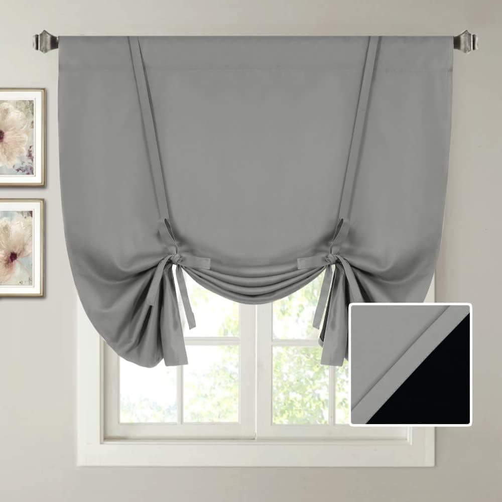 H.VERSAILTEX 100% Blackout Tie Up Curtains for Bedroom Thermal Insulated Curtains 45 inches Long Rod Pocket Blackout Curtains for Small Window/Bathroom with Black Liner, Dove Gray