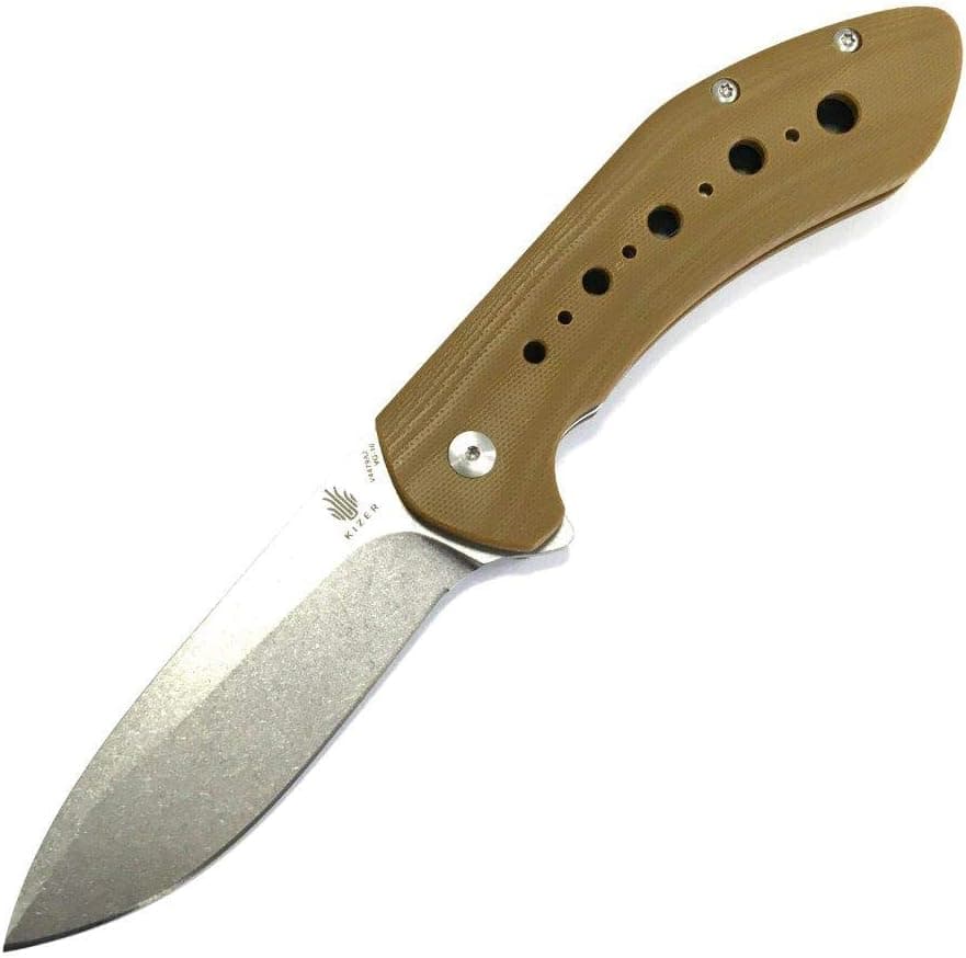 Kizer Cutlery Ki302B Folding Knife,3.25in,Gray Anodized Titanium,Damascus Clip Point KI302B1