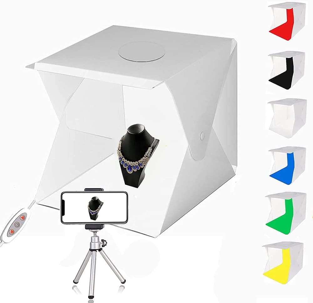 Photo Box with Lights Adjustable by Filalab Portable Mini Photo Studio Shooting Tent Kit Light Box Photography with Tripod and 6 Color Backdrops (16x16 inch)