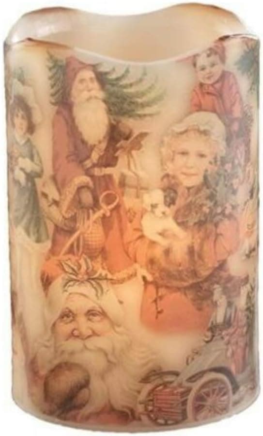 Olde Christmas Vintage Look Santa Scene Flameless Candle Battery Operated with Timer and Flickering Flame