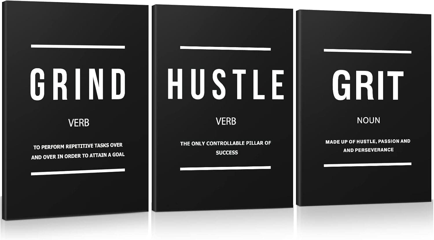 Motivational Grind Hustle Grit Canvas Wall Art, HLIWEGNS Inspirational Poster Positive Affirmation Quotes Wall Decor Success Leadership Wall Hanging Picture for Home Office Workplace -12x16''x3pcs
