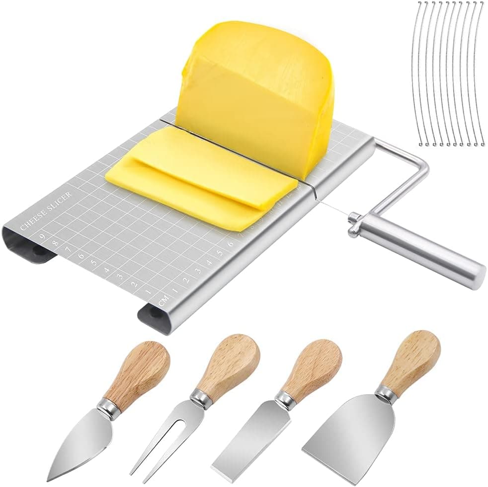 Lovefish Cheese Slicer, Cheese Cutter + Cheese Knife Set, Stainless Steel Cheese Slicer with Accurate Size Scale and 10 Replaceable Wires, 4pcs Cheese Cutter with Wooden Handle, for Cheese Butter