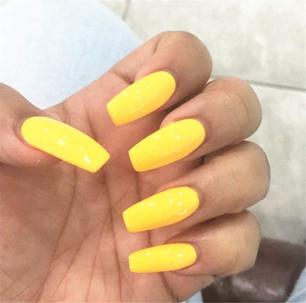 BloomingBoom False Nail Coffin 24 Pcs 12 Size Fake Nails Full Cover Long Fake Nail Press on Salon Pre Design Ballerina Pure Color Elegant Light Yellow Warm