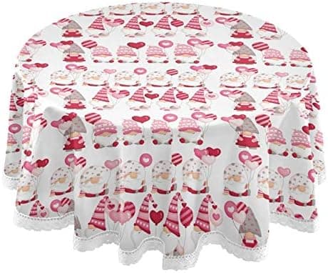 Cute Pink Gnomes Round Tablecloth 60 Inch, Spring Mother's Day Table Cover with Lace Trim Table Cloth Washable Reusable for Home Dining Tabletop Decoration Gifts