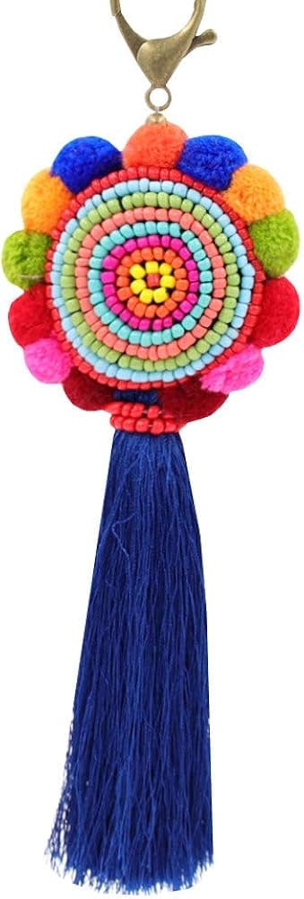 QTMY Big Pom Pom Beads Tassel Long Bag Pendant Charm Keyring Keychain for Women Purse Handbag Decor