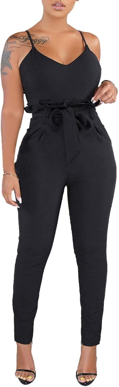 HannahZone Women's Casual Adjustable Spaghetti Strap Jumpsuits Bodycon Sleeveless Long Pants Elegant Rompers with Pockets