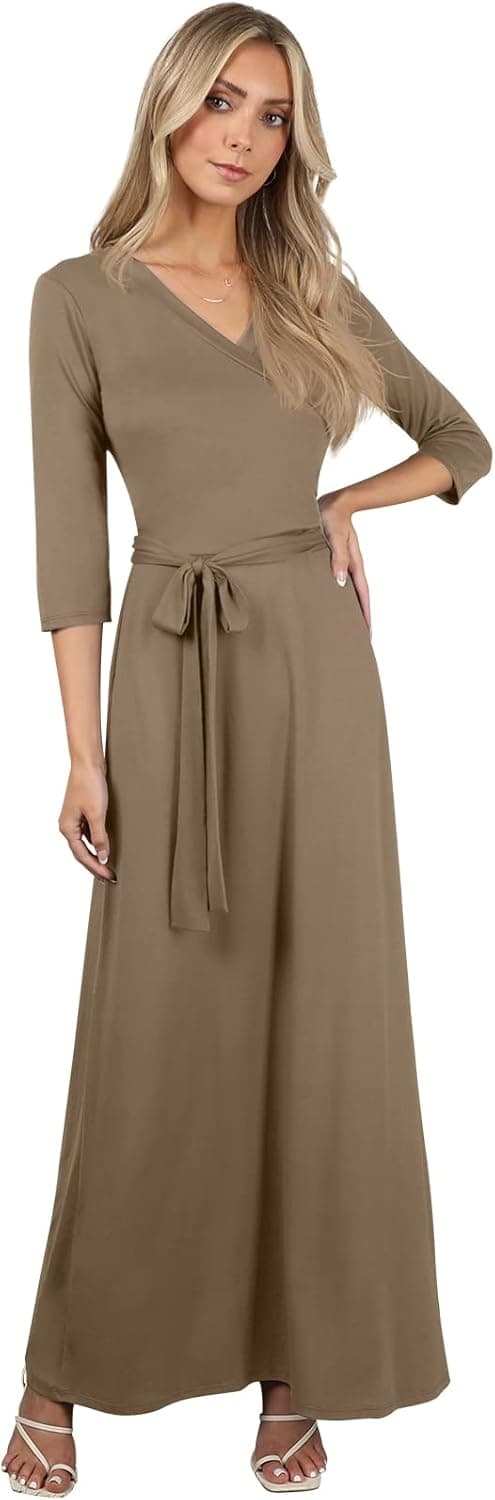 NINEXIS Women's V-Neck 3/4 Sleeve Waist Wrap Front Maxi Dress