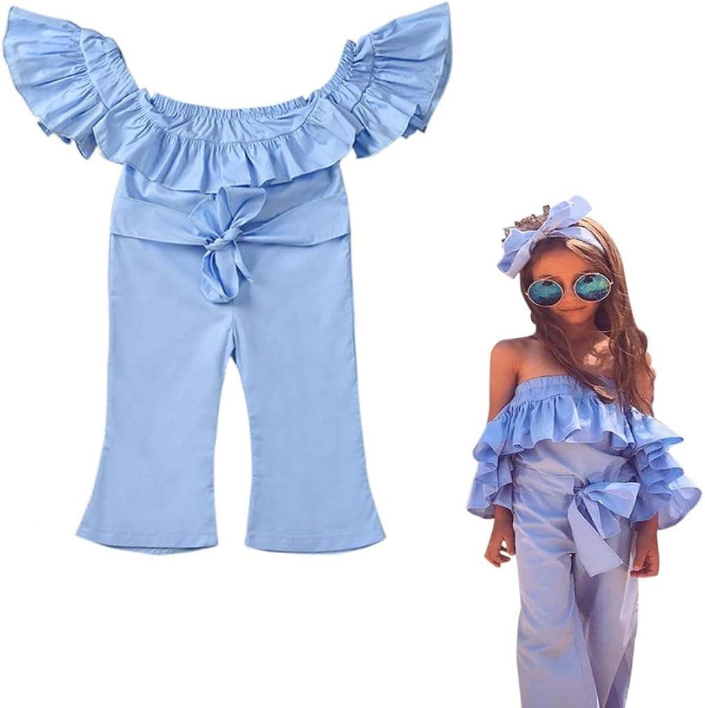 Toddler Baby Girls Clothes Off-Shoulder Ruffles Sleeve Romper Bow Kids Strap Jumpsuit Trousers