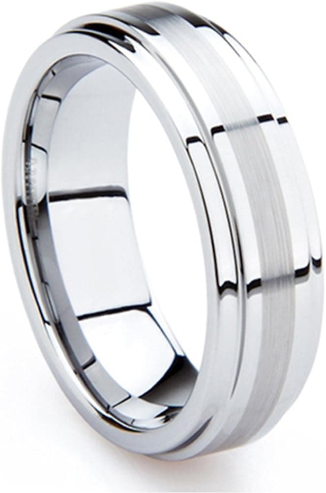 8MM Tungsten Metal Men's Wedding Band Ring in Comfort Fit and Brush Center Size 7-16