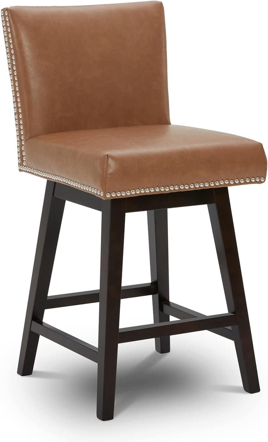 Watson & Whitely 26" Counter Height Barstools, Upholstered Faux Leather Bar Stool with Back, Solid Wood Legs and 360° Swivel Seat, Saddle Brown
