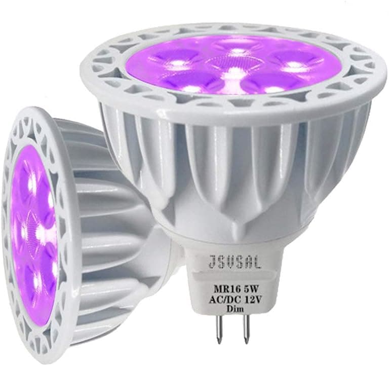 JSVSAL (2-Pack Dimmable Purple MR16 GU5.3 Bi-Pin Base LED Bulbs,5W, 50W Halogen Equivalent,AC/DC 12V Low Voltage,40 Degree Spotlights for Landscape Yard Garden Tree Pool Holiday Lighting