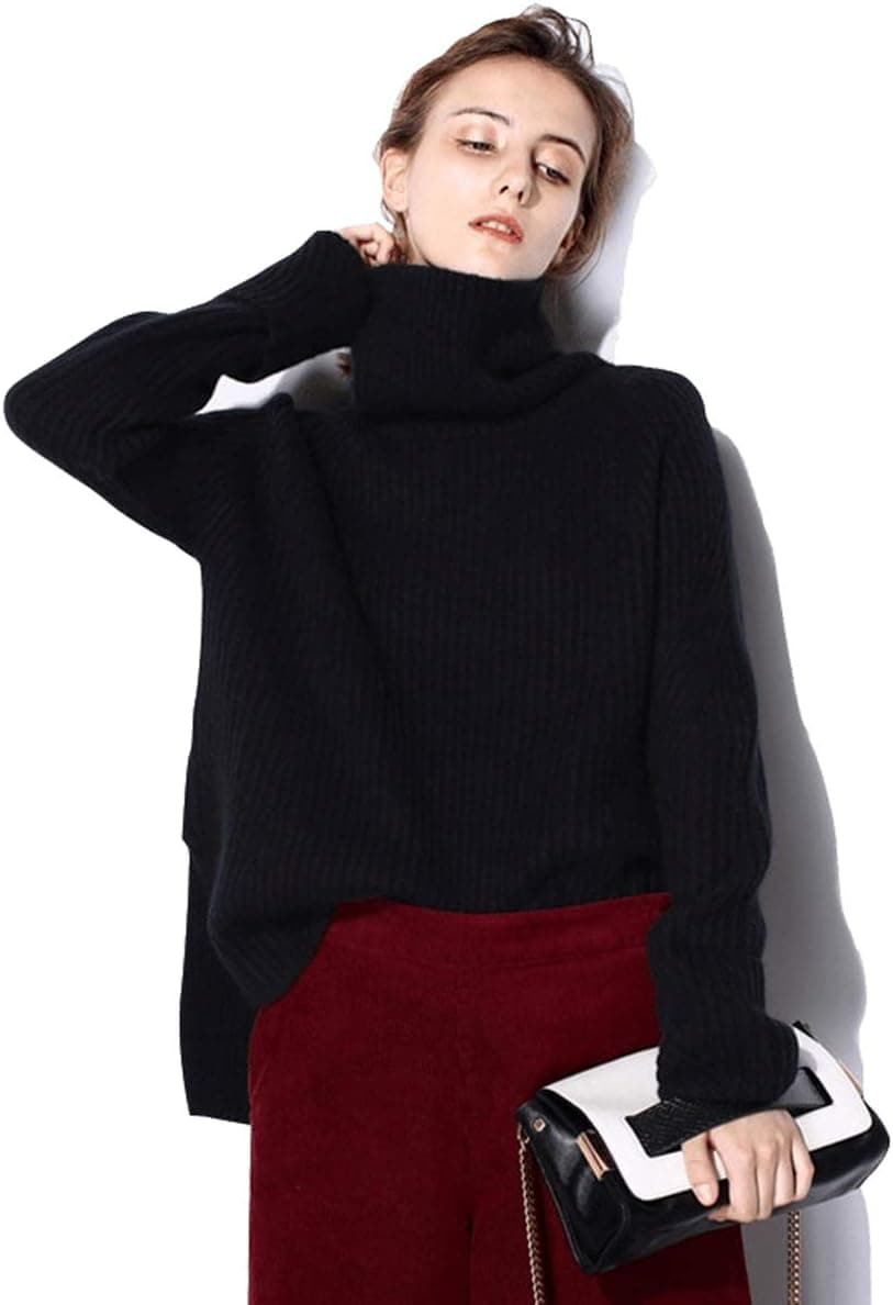 Winter sweater Black turtleneck cashmere jumper jacket casual loose long sleeve high-low hem for petite women(L,Black)
